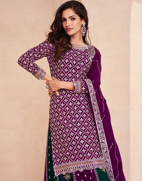 stylish purple chinon embroidered chinon heavy gharara suit with multi colour chinon rt9017-185264 Close-up View